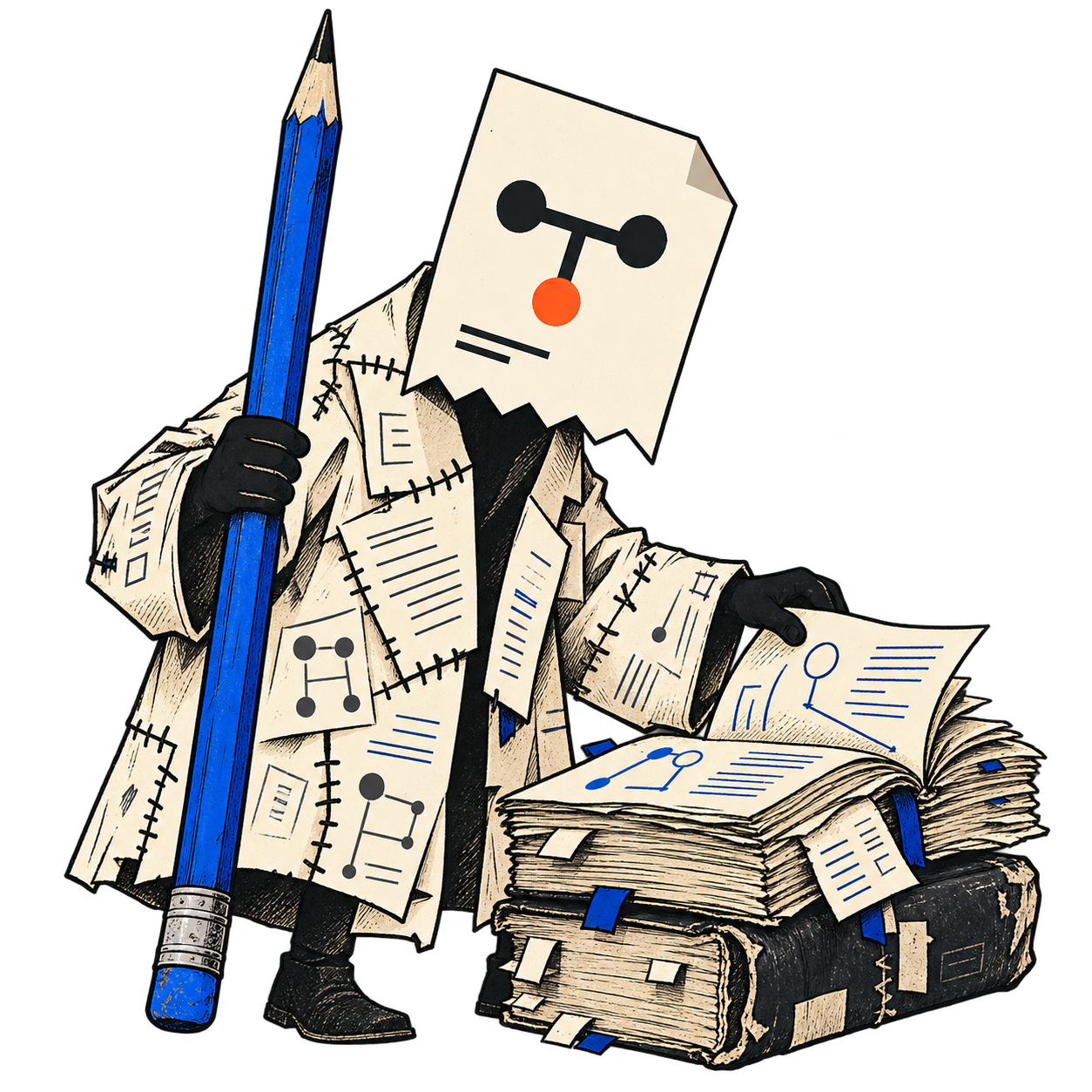 Tatter, a fictional receipt-headed annotator in a coat of discarded pages, leaning over an overstuffed Manual with an absurdly long blue pencil.